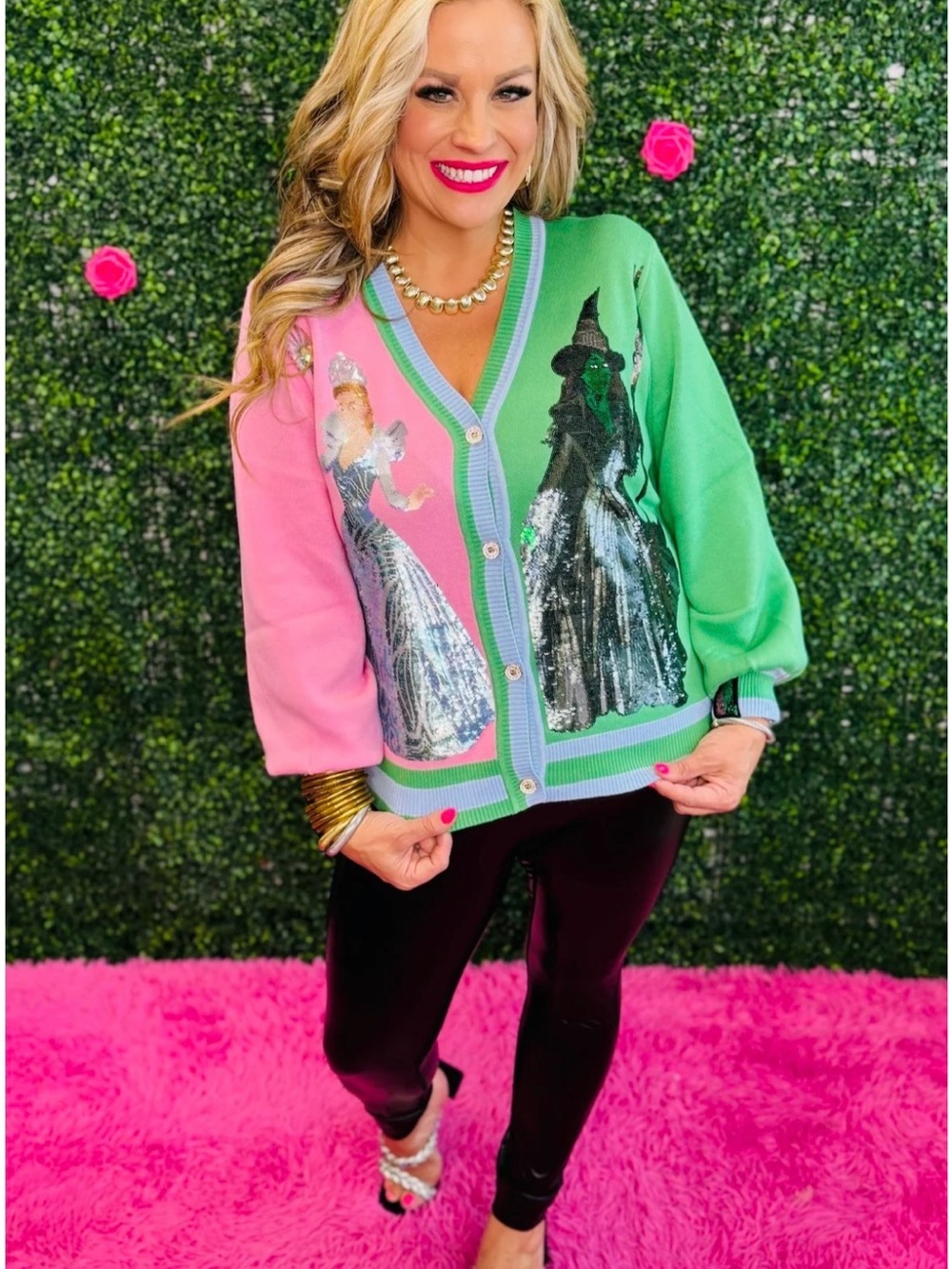 QUEEN OF SPARKLES Colorblock, Glinda and Elphaba Sequin Cardigan - Picture 4 of 7
